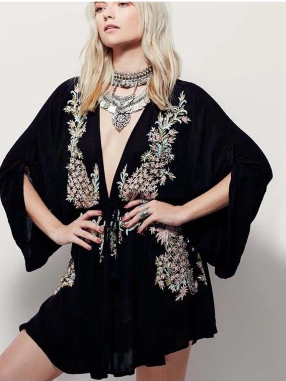 Free People Pretty Pineapple Mini Dress Floral Embroidered Tunic  Boho XS